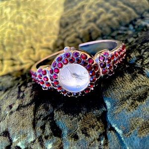 Vernier Ruby Studded Rhinestone Formal Ladies Dress Cuff Bangle Watch 1990’s 90s